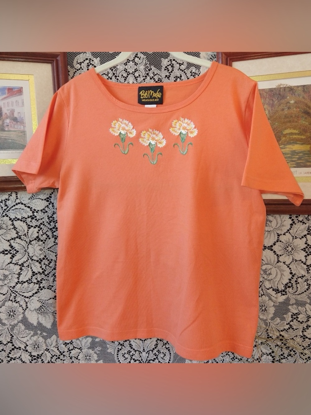 Bob Mackie Vintage Orange Shirt w/ Embroidered Floral Design 100% Cotton 2X NWT